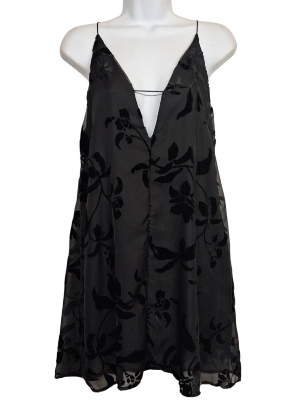 AUDREY 3+1 Black Velvet Floral Dress Mini Slip Shift Sleeveless Party Cocktail S